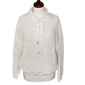 Joie Women’s White/Silver Collared Sweater w/ Lace Up Detail Size XL, EUC